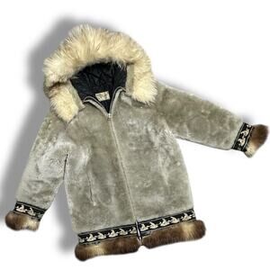 Vintage 50s Alaskan Inuit Fur Parka Polar Bear Novelty Print Trim ST Saario Sz S